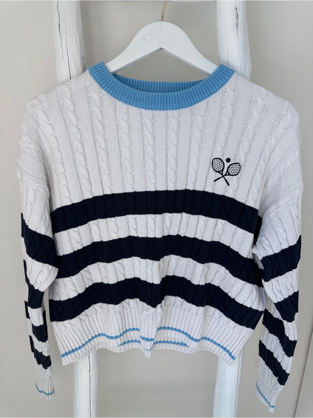 all in motion White& Navy Striped Tennis Sweater with Sky Blue Trim Size Large